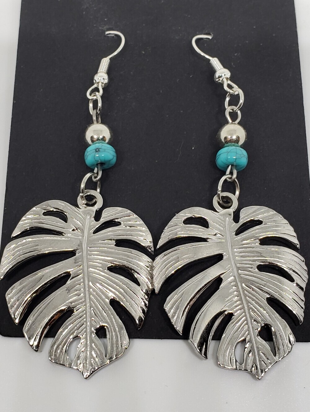 Handmade Beaded Boho Turquoise Silver Metal Leaf Dangle Earrings